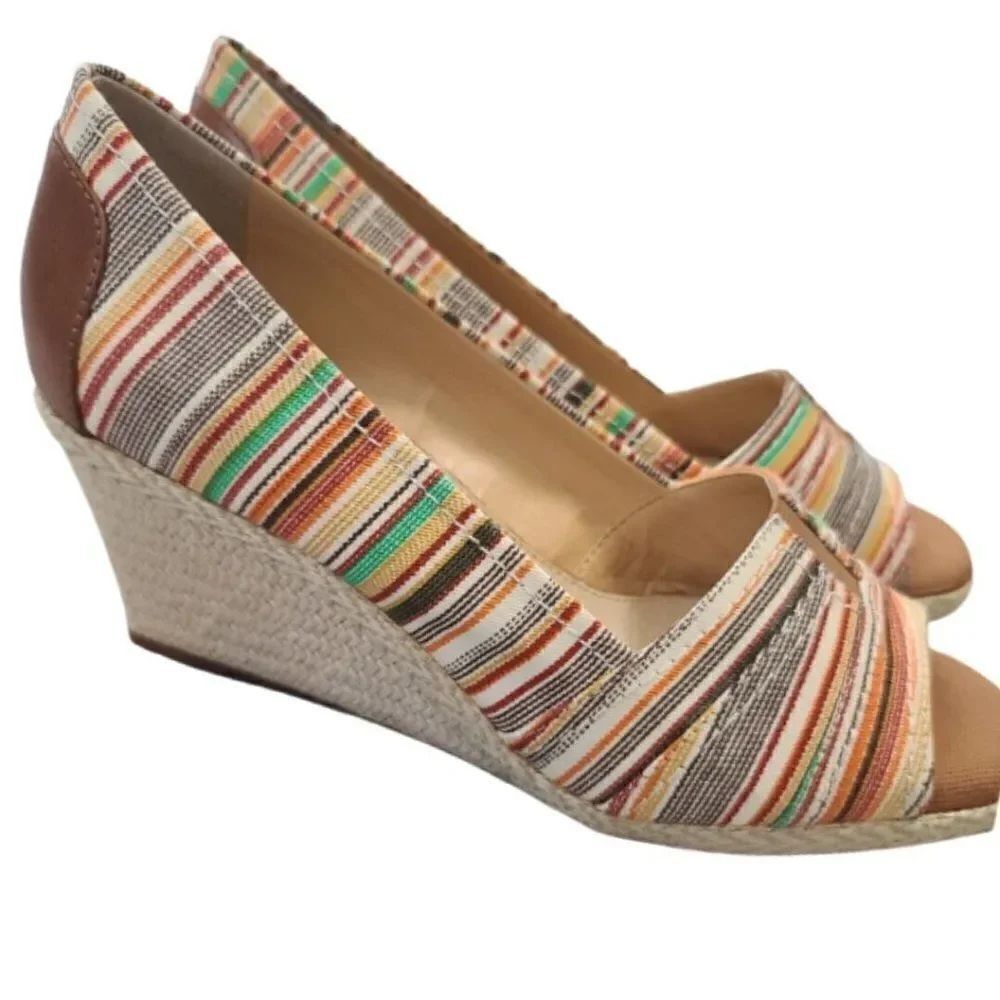 Michelle D Stripe Peep Toe Espadrille Wedges, size 9 1/2